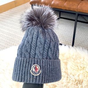 Moncler Cable Knit Wool & Rabbit Hair Pom Beanie Gray